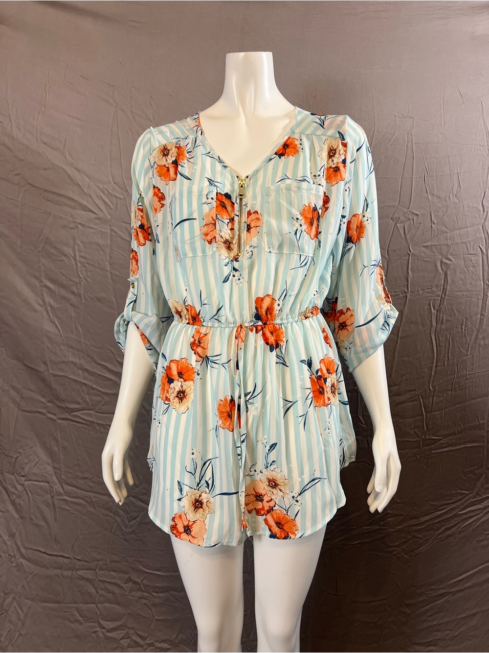 Stella Tweed Light Blue Striped Floral V-Neck Tie-Waist Tunic